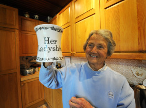 COPYRIGHT EXPRESS&STAR TIM THURSFIELD 20/01/11 Rachael Heyhoe-Flint, shows off the 'Her Ladyship' mug, at home in Tettenhall. JOHN SCOTT HAS DETAILS.
